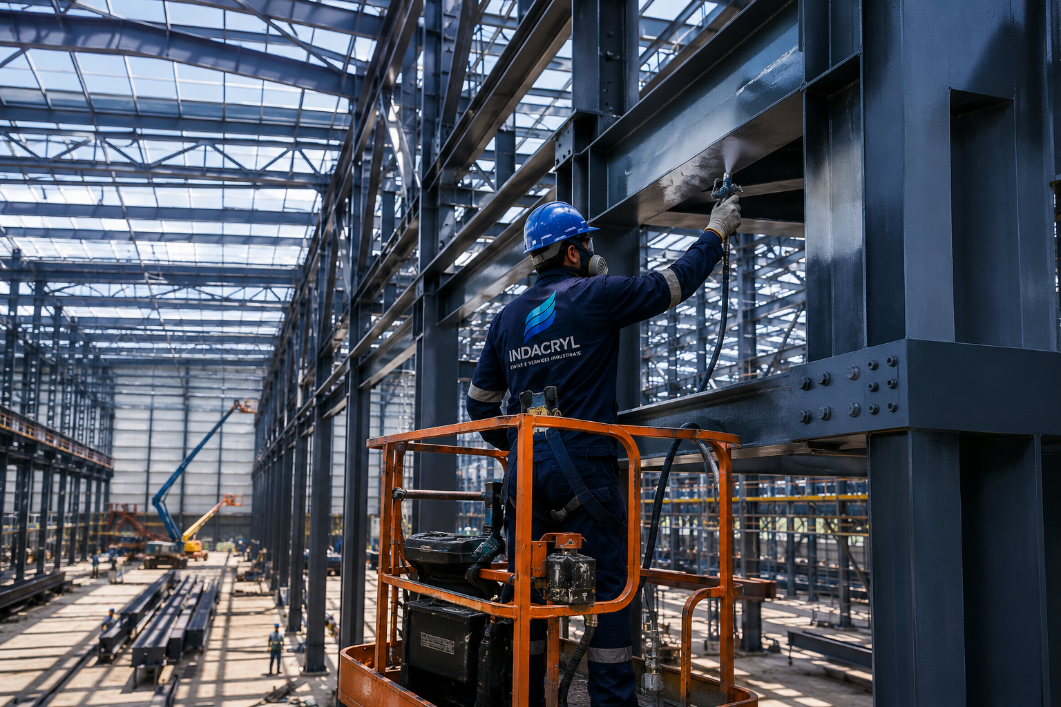 Aplicação de tinta em estrutura metálica com plataforma elevatória
